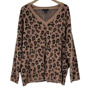 Rachel Zoe Fuzzy Sweater Womens 1X Brown Leopard Print V-Neck Cozy Maximalist